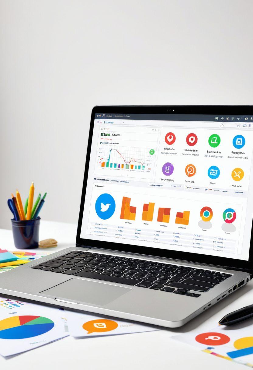 An open laptop displaying colorful social media icons alongside a graph showing upward trends. Around the laptop, various digital marketing tools like a magnifying glass, a notebook, and sticky notes with SEO keywords scattered. The background should be dynamic, filled with vibrant social media symbols, creating a lively workspace atmosphere. super-realistic. vibrant colors. white background.