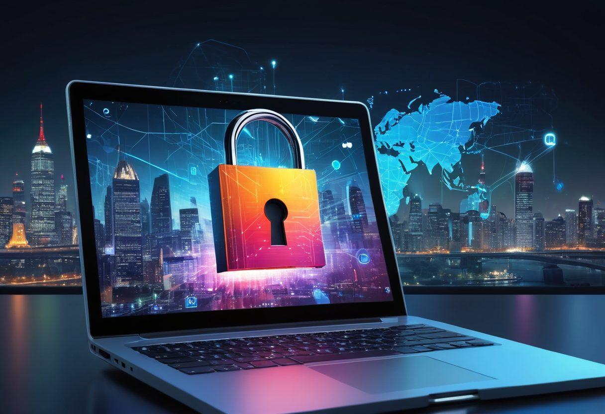 A dynamic collage featuring a glowing key unlocking a digital padlock, surrounded by symbols of online business such as graphs, a shopping cart, and a laptop. In the background, an abstract representation of a city skyline with computer circuitry patterns, radiating success and innovation. Use vibrant colors and a modern, sleek design to convey energy and opportunity. super-realistic. vibrant colors. cyberpunk.